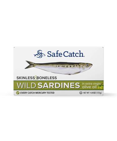 Safe Catch Wild Sardines in Extra Virgin Olive Oil Wild-Caught Skinless Boneless Sardine Fillets Low Mercury Tested Keto Food Kosher Non-GMO Sardines Pack of 12 4.4oz Tins Packed in Extra Virgin Olive Oil