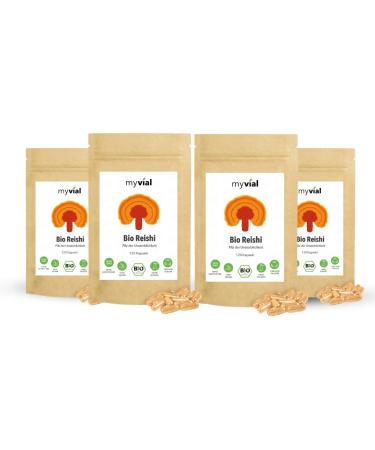 Myvial Bio Reishi capsules 120 pieces vegan 60 days supply 400mg per capsule - natural Reishi mushroom 100% vegetable plastic -free packaged - ganoderma lucidum shiny paint porling 120 pieces (4 Pack)