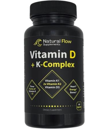 Vitamin D3 with K2 and K1 Supplement - Natural Flow Vitamin D3 and K Complex D3 5000iu with Vitamin K2 MK4 + MK7 and K1 for Bone Heart and Immune Support - 60 Capsules