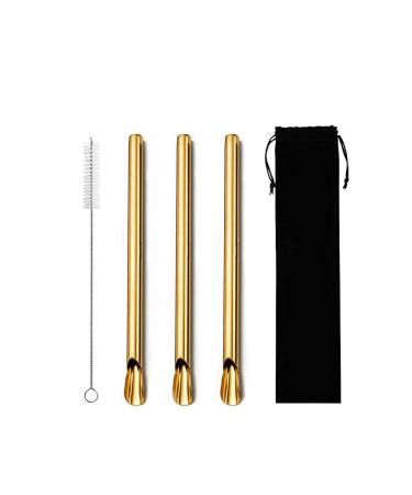 Extra Wide Reusable Stainless Steel Boba Drinking Straws Spoon Fat Straws Smoothie/Bubble Tea/Milkshakes Straws with Cleaning Brush & Carry Bag 12mm/0.5" Wide (Set of 3 Gold)