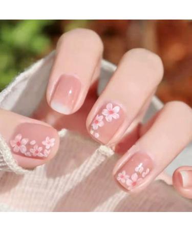 Flower Press on Nails Short Pink Cherry Blossom Square Fake Nails with Nail Glue French Artificial Acrylic Full Cover False Nails Spring Summer Stick on Nails for Women Girls Acrylic Nail Tips 24PCS