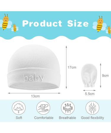 Aolso Newborn Baby Hats Mittens Set - 2pc Baby Caps & 2 Pairs Gloves | White Infant Cotton Set for 0-6 Months - Buy Online on GoSupps.com