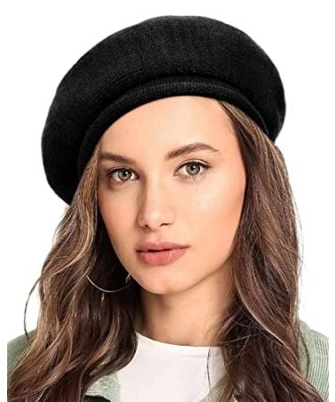 French Wool Beret Hat for Women-Solid Color Classic Slouchy Knit Beanie Winter Warm Artist Painter Hat Black
