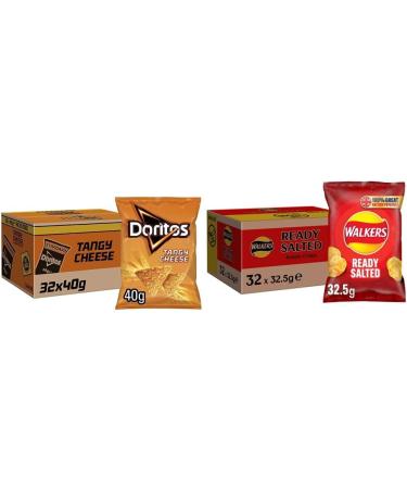 Tangy Cheese Tortilla Chips and Walkers Crisps Ready Salted Snack Pack 40g & 32.5g Cases of 32 Bags Of Each (Tangy Cheese) Doritos Tangy Cheese