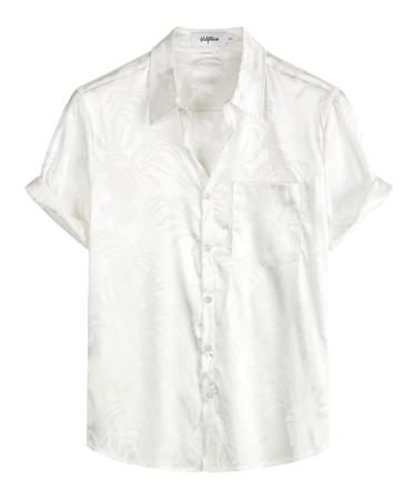 VATPAVE Men's Hawaii Shirt Men's Leisure Short Sleeve Summer Shirt Floral Jacquard Beach Shirt L White