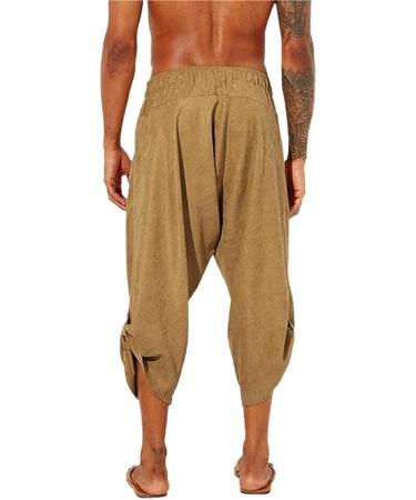 Gafeng Men's Yellow Yoga Capri Pants | Elastic Waist Drawstring | Cotton Linen | Boho Harem 3/4 Pants with Pockets - Large L - Buy Online on GoSupps.com
