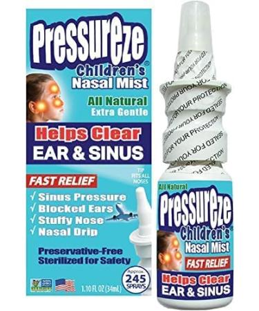 Pressureze All Natural Preservative-Free Sterile Nasal Spray for Children - for Sinus Allergy and Ear Relief - Open Blocked Ear Canals - Kids Fast Relief Decongestant Nasal Spray (245 Sprays 34 ml) 1.1 Fl Oz (Pack of 1)