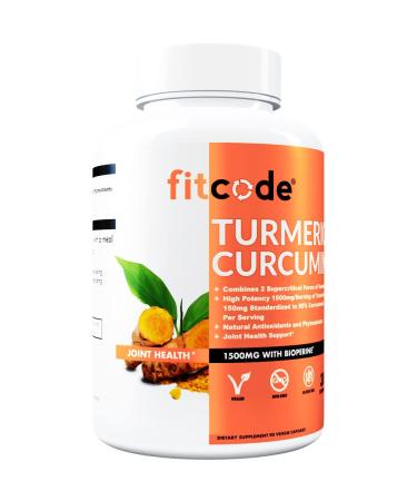 fitcode Turmeric Curcumin with 95% Curcuminoids  Highest Potency  Non-GMO  Gluten Free  1500mg of Ultra-Pure Turmeric Curcumin with BioPerine for Enhanced Absorption  30 Serving Veggie Capsules