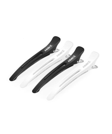 AIMIKE 4pcs Professional Hair Clips for Styling Sectioning, Non Slip No-Trace Duckbill Hair Clips w/ Silicone Band, Salon and Home Hair Cutting Clips for Hairdresser, Women, Men - White & Black 4.3” 4 Hair Clips