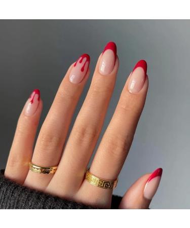 Halloween Press on Nails Medium Length Horror Bloody Fake Nails Red French Tips Nails Coffin Full Cover False Nails with Nail Glues for Women and Girls Halloween Party Nail Decorations 24Pcs