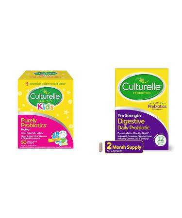 Culturelle Kids Purely Probiotics Packets Daily Supplement & Pro Strength Daily Probiotic Digestive Health Capsules Kids Packets - 50 Count Packets + Kids Chewables 50 Servings (Pack of 1)