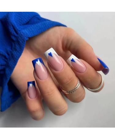 Diduikalor Meduim Press On Nails Coffin  Glue On Nails With Nude And White French Blue Tip  Square Coffin Stick On Nails  Cute Fake Nails Full Cover Acrylic False Nails French Acrylic Nails Press On For Women Girls DIY N...