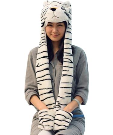 IBLUELOVER Kids White Tiger Faux Fur 3-in-1 Hat Gloves Scarf Set for Boys Girls - Plush Warm Hooded Cartoon Animal Hat with Pockets - Buy Online on GoSupps.com