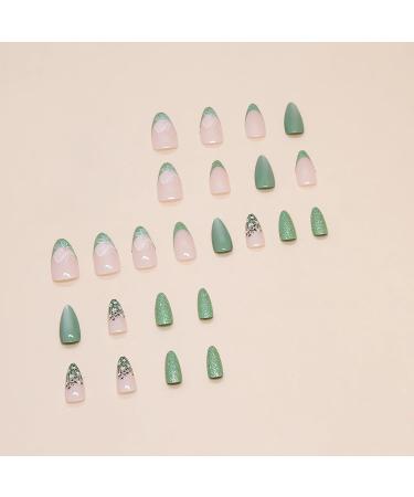 Green Press on Nails - Medium Almond Shape | Butterfly & Flower Design | Pink Glossy Ombre Fake Nails for Women | Trendy Press Ons - Buy Online on GoSupps.com