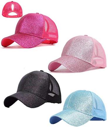 4 Pieces Kids Girls Glitter Mesh Baseball Ball Cap Trucker Dad Sun Visor Hats Messy Buns Ponycaps