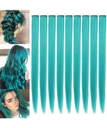 XirrwWh 9 pieces 21 inch Personal parts for women straight clip in on art hair extensions party highlights multicolored hair accessories (turquoise)