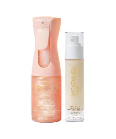 Kopari Rose Gold Sunglaze Sheer Body Mist Sunscreen SPF 42 & Sun Shield Soft Glow Daily Face SPF 30