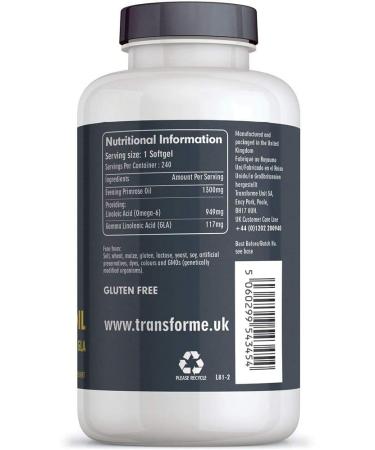 Transforme Evening Primrose Oil Capsules 1300mg - Cold Pressed Omega 6 GLA & LA - 240 Softgels, Gluten Free - 240 Count - Buy Online on GoSupps.com