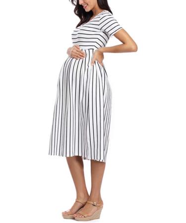 Love2Mi Short-Sleeve Maternity Dress - A-Line Midi Dress for Pregnant Women - S White Black Stripe - Buy Online on GoSupps.com