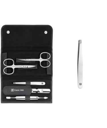 Twilding manicure set and pedicure set nail care made of real leather with push button 5-part black & sloping tweezers for precise eyebrows hair removal stainless steel polished 90 mm 5-part including combination-nail scissors bundle with sloping tweezers