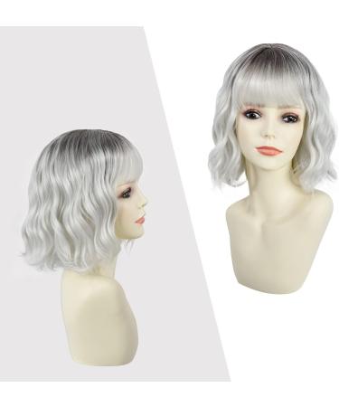Yamel Wavy Bob Wig with Bangs - Natural Ombre Silver Synthetic Hair Short Curly Wigs for Women - Buy Online on GoSupps.com