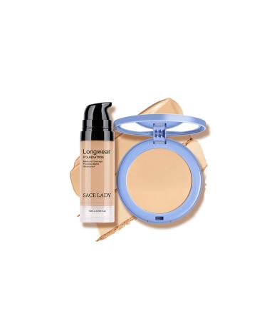 SACE LADY 2Pcs Face Make Up Set  Flawless Matte Foundation and Oil Control Pressed Powder  Lasting Coverage Waterproof Natural Cosmetics Kit