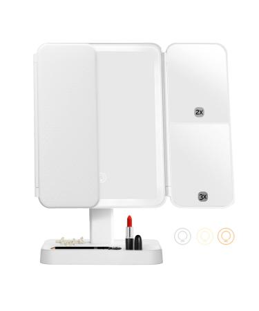 FVITA Makeup Mirror with Lights 3 Color 52 LED HD Tri-Fold Makeup Mirror with Storage 2X 3X Magnification Makeup Mirror Touch Control Vanity Mirror Portable Women Gift(White)