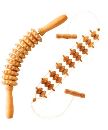 Mr.woodware Wood Therapy Massage Tools - 2 pieces of wood lymphatic drainage curved roller stick & back massager with rope massage kit - wood massage tools for body shaping sculping Maderoterapia roller & massage