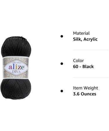 Alize Diva Silk Effect Microfiber Acrylic Yarn - 100% 100gr 383yds - Black (60) | 1 Ball - Buy Online on GoSupps.com