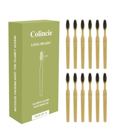 Colincie Extra Hard & Firm Bamboo Charcoal Toothbrush Long Head with Wide Thickened Handle Whitening Teeth Pack of 12