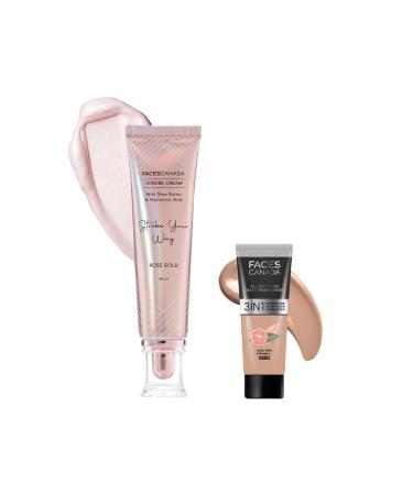 FA..CES/CANADA Rose Glow Kit Medium Coverage Rose Gold Strobe Cream (30Ml) + Warm Natural All Day Hydra Matte Mini Foundation (15Ml) Makeup Kit For Women (Combo Pack Of 2)