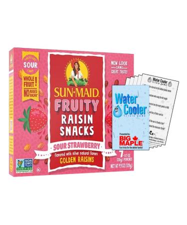 Sour Strawberry Flavoured Raisins Snack Bundle. Includes (1) Package of Sun-Maid Fruity Raisin Snacks Sour Strawberry Flavour (140g box 7 pouches) with Water Cooler Trivia Game by BIG MAPLE . Tasty Snack for School Office Home Party