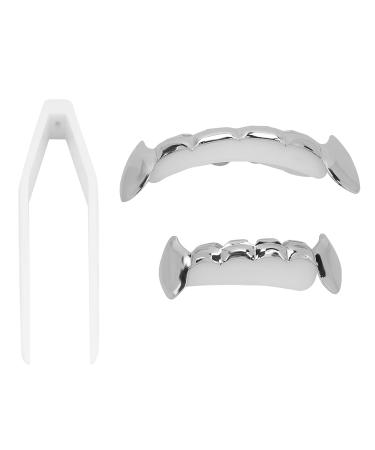 Grillz teeth grillz braces hip hop teeth grill set reusable unfading copper halloween festival teeth decoration bracket (silver)