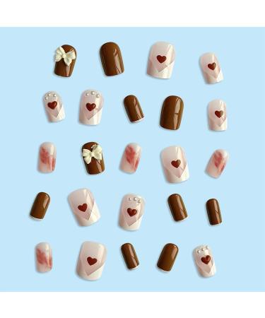 Short Round French style coffee white short style coffee color love white bow fake nails Press On Nails with Nail Tips press on nails Acrylic False Nails Cute Artificial Nails for Women and Girls - Buy Online on GoSupps.com