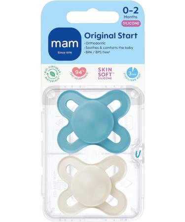 MAM Original Start Soother 0-2 Months (Pack of 2) Baby Soother Made from Sustainable Material SkinSoft Silicone Teat with MAM Soother Case Blue Plain Blue - Buy Online on GoSupps.com