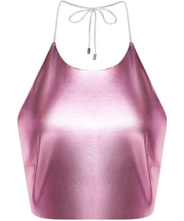 Shop BH Wide Straps Backless Sexy PU Top for Women Pink Nightclub Vest with Hollow Neckholder - Buy Online on GoSupps.com