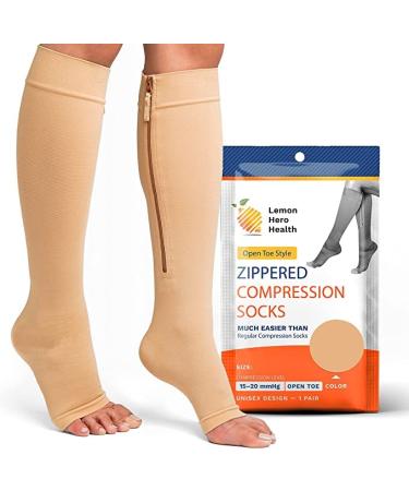 Lemon Hero Short Zipper Compression Socks for Women and Men Open Toe 15-20 mmhg Medical Zippered Compression Socks 2X-Large (1 Pair) Biege-short