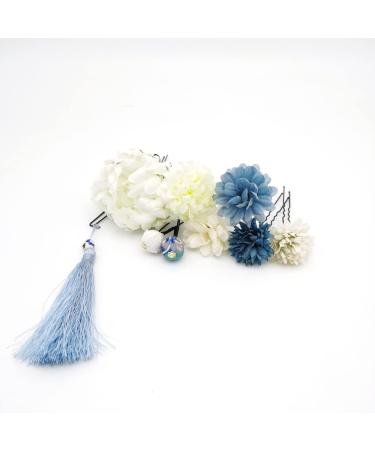 Japanese Kimono Hair Clips - Chiffon Flower Hairpins with Tassel | 9-Piece Set of Women's Hair Accessories for Weddings & Photo Props - Yellow - Buy Online on GoSupps.com