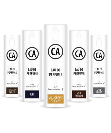 CA Perfume Best Winter Men Set Impression of(Bleu + Millionaire for men + Spice Bloom + Tobacco Vanilla + Noir extreme) Fragrance Sample Travel Size Parfum Sprayer (0.3 Fl Oz/10 ml) x5