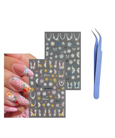 4 Sheets Flower Nail Art Stickers Decals Self-Adhesive Floral Summer Leaves Nail Supplies Nail Art Design 5D Daisy Flower Nail Art Stickers with Tweezer (Flower-4sheets)