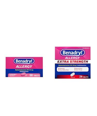 Benadryl Allergy Relief Tablets 100ct & Extra Strength Antihistamine 50mg Diphenhydramine 24ct Benadryl Ultratabs 100ct + Allergy Relief Unflavored 100 Count (Pack of 1)