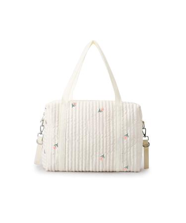 SONARIN Embroidery Baby Nappy Changing Tote Bag Stylish Large Capacity Cotton Baby Changing Bag Durable Portable Travel Baby Diaper Bag with 2 Stroller Straps(Tulip)