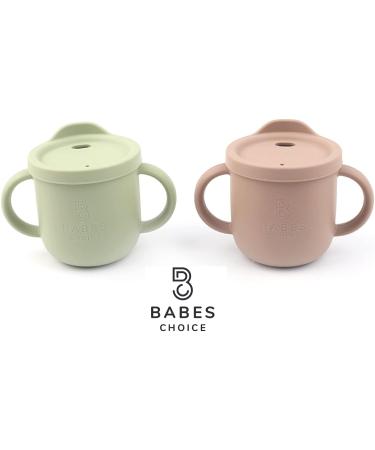 Babes Choice 2-in-1 Silicone Toddler Cups Set | Teether Straw & Sippy Cup Combo | Spill Proof Snack Cup with Handles | BPA-Free - 8oz (Tan/Green) - Buy Online on GoSupps.com