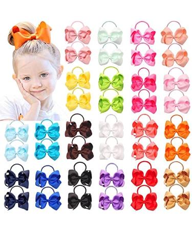 WillingTee 40Pcs 4.5 Inches Boutique Pops Hair Bows Elastic Hair Ties Grosgrain Ribbon Big Cheer Bow Ponytail Holder Elastic Ties for Girls Toddlers Kids Teens 20 Colors in Pairs