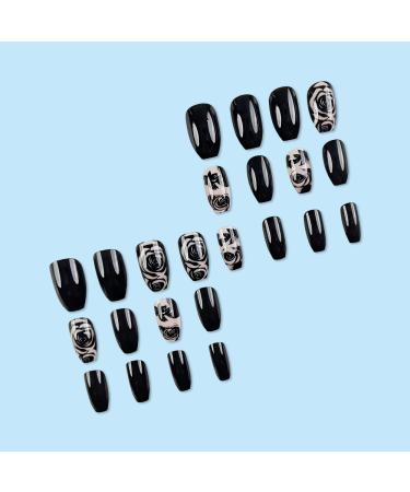Black Press on Nails - Medium Square Flower Design Glossy Ombre Acrylic Full Cover Kit - 24Pcs for Women | International Shipping - Buy Online on GoSupps.com