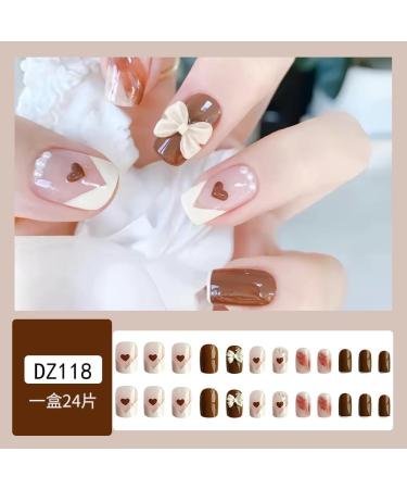 Short Round French style coffee white short style coffee color love white bow fake nails Press On Nails with Nail Tips press on nails Acrylic False Nails Cute Artificial Nails for Women and Girls - Buy Online on GoSupps.com
