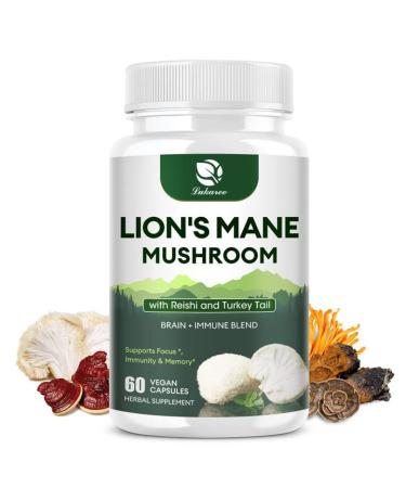 Lions Mane Supplement Capsules - Turkey Tail Mushroom with Cordyceps & Reishi for Brain Support and Immune Health - Alt to Mushroom Gummies - Mushroom Powder Mushroom Coffee - 60 Count Made in USA