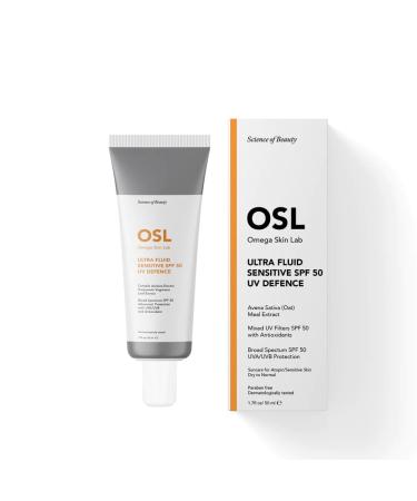 OSL Omega Skin Lab OSL Ultra Fluid Sensitive Sun Cream SPF 50 Face Moisturiser - UV Defence 50ML - Perfect for Dry Sensitive Allergic Skin - Enriched with Avena Sativa Meal Extract