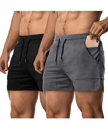 EVERWORTH Men's Solid Gym Workout Shorts Bodybuilding Running Fitted Training Jogging Short Pants with Zipper Pocket 3 Colors X-Small 2 Pack( Black-gray )