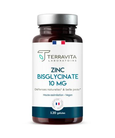 ZINC Pure Bisglycinate | TRAACS Patented Zinc Dietary Supplement | Superior Assimilation to Zinc Citrate and Gluconate (+43%) | Skin and Immunity | 120 Vegetable Capsules | Made in France | Terravita